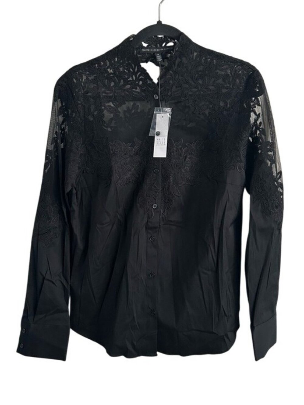 White House Black Market Black Lace Poplin Yoke Sheer Blouse Button Down Shirt 8